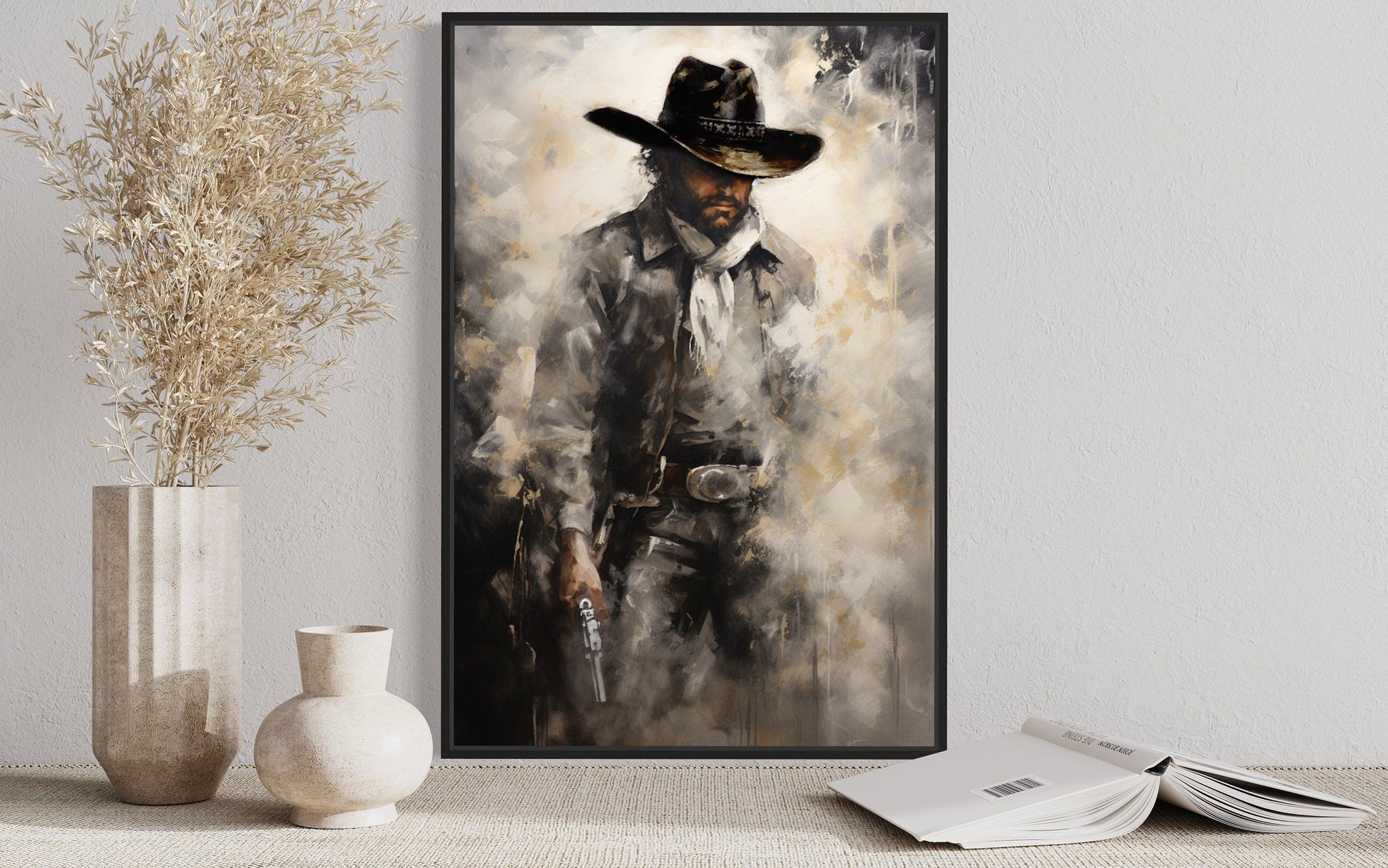 Cowboy With Gun Painting Framed Canvas Wall Art - Western Decor For Men