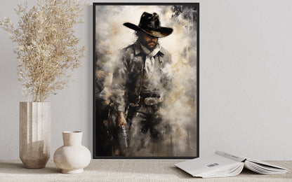 Cowboy With Gun Painting Framed Canvas Wall Art - Western Decor For Men