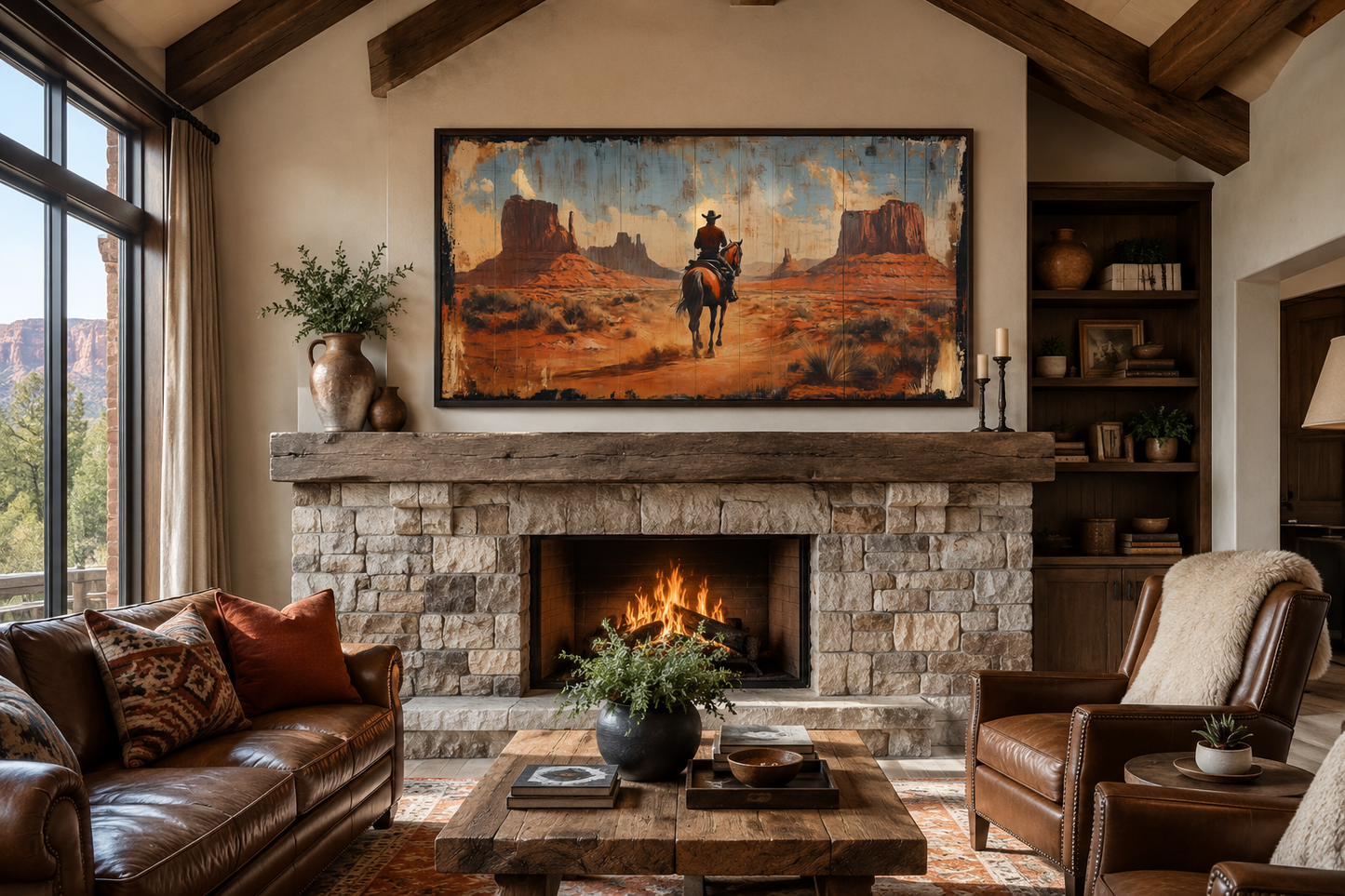 Cowboy Riding A Horse In Monument Valley Framed Canvas Wall Art