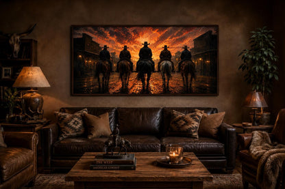 Cowboys Riding Into Old West Town Sunset Canvas Print Western Wall Art for Man Cave