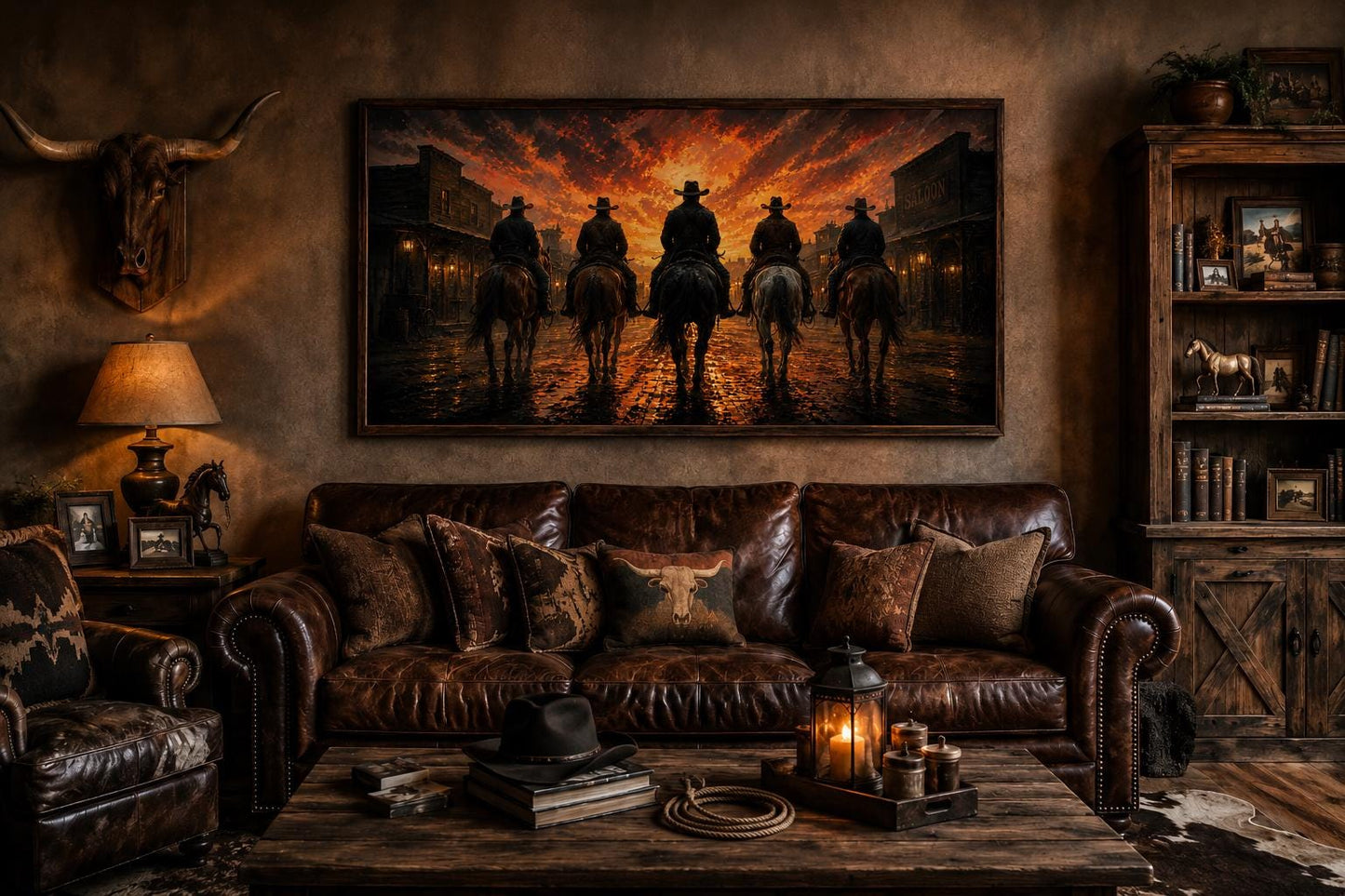 Cowboys Riding Into Old West Town Sunset Canvas Print Western Wall Art for Man Cave