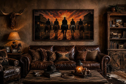 Cowboys Riding Into Old West Town Sunset Canvas Print Western Wall Art for Man Cave