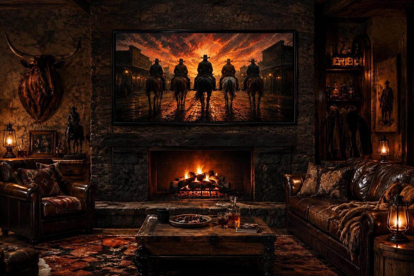 Cowboys Riding Into Old West Town Sunset Canvas Print Western Wall Art for Man Cave