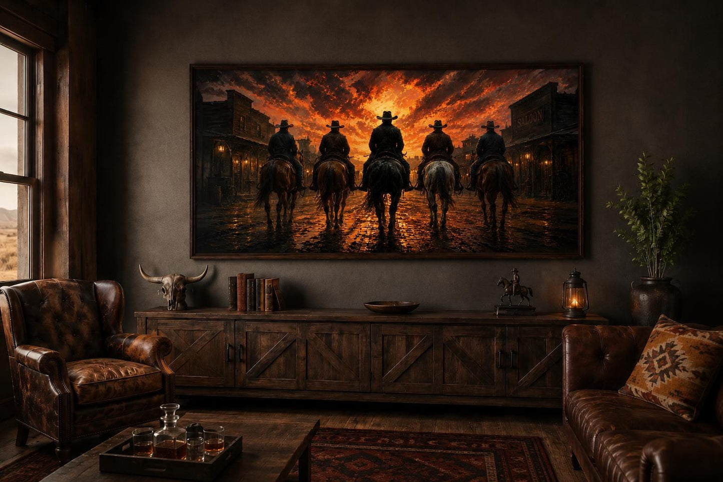 Cowboys Riding Into Old West Town Sunset Canvas Print Western Wall Art for Man Cave