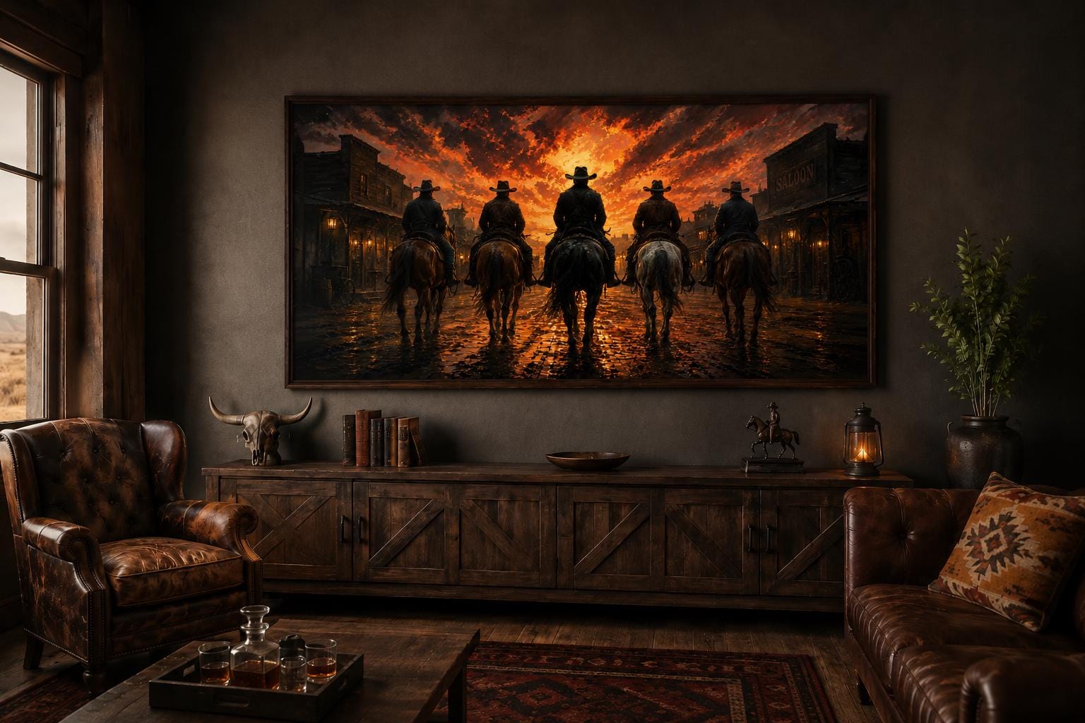Cowboys Riding Into Old West Town Sunset Canvas Print Western Wall Art for Man Cave