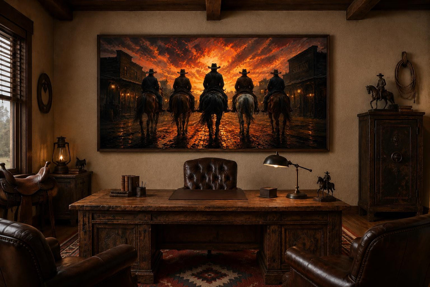 Cowboys Riding Into Old West Town Sunset Canvas Print Western Wall Art for Man Cave