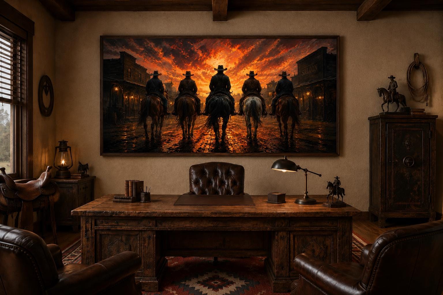 Cowboys Riding Into Old West Town Sunset Canvas Print Western Wall Art for Man Cave
