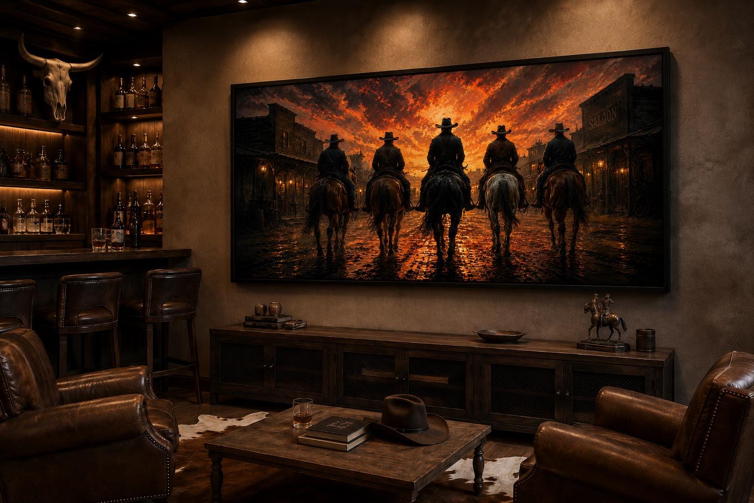 Cowboys Riding Into Old West Town Sunset Canvas Print Western Wall Art for Man Cave