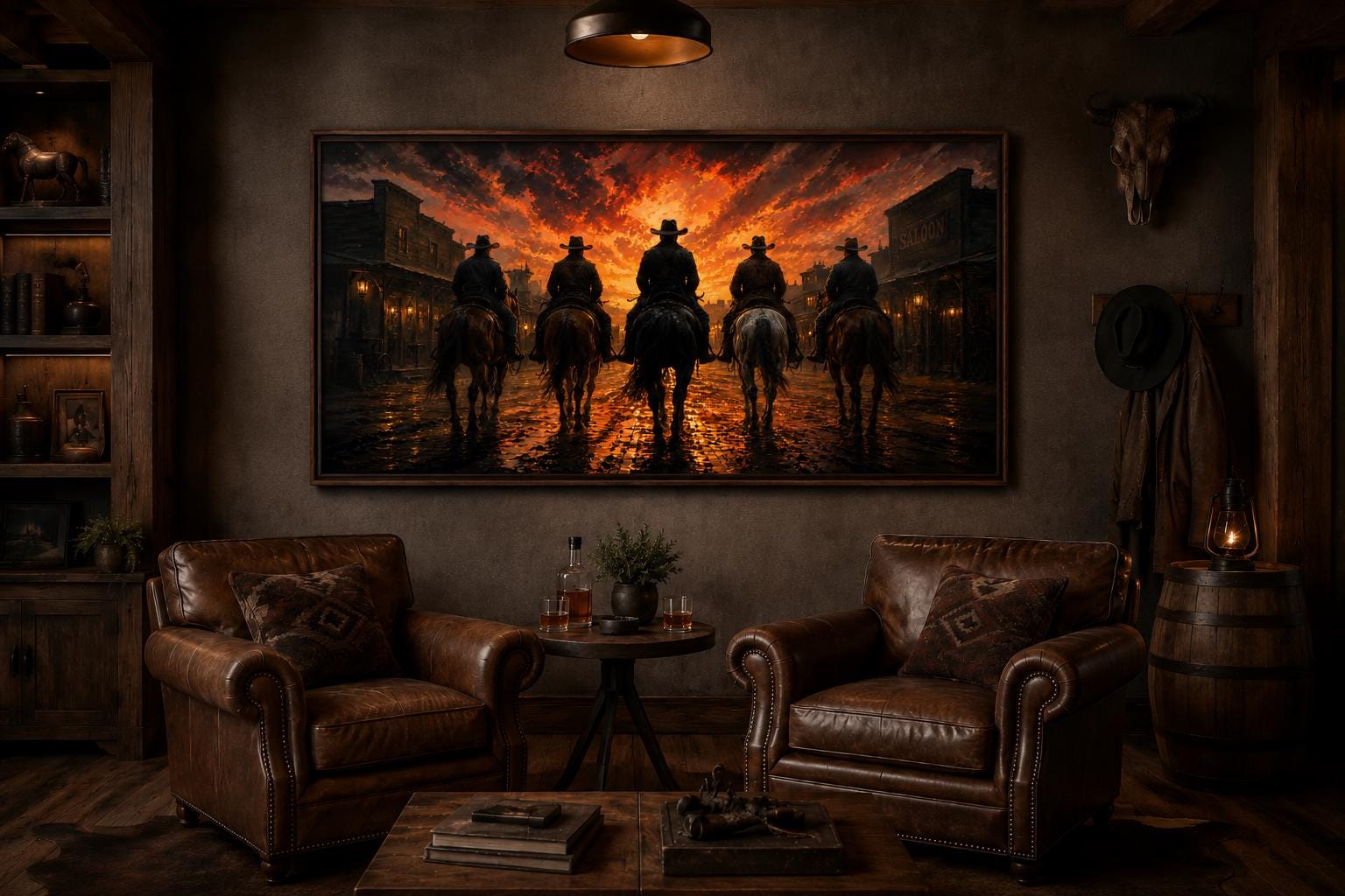 Cowboys Riding Into Old West Town Sunset Canvas Print Western Wall Art for Man Cave