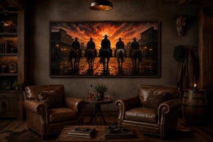Cowboys Riding Into Old West Town Sunset Canvas Print Western Wall Art for Man Cave