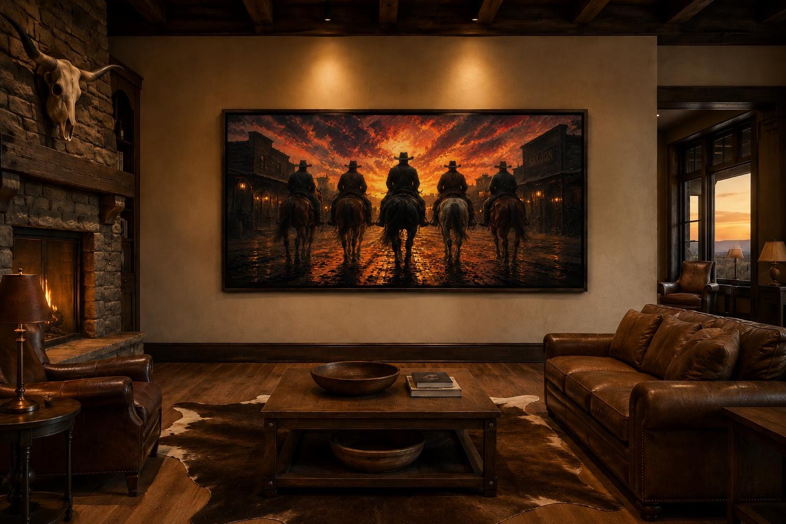 Cowboys Riding Into Old West Town Sunset Canvas Print Western Wall Art for Man Cave