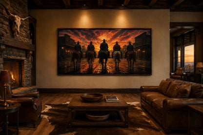 Cowboys Riding Into Old West Town Sunset Canvas Print Western Wall Art for Man Cave