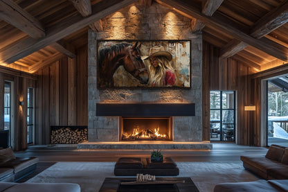 Cowgirl And Horse Graffiti Framed Canvas Wall Art For Western Room Decor
