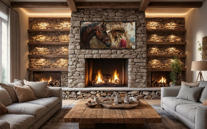 Cowgirl And Horse Graffiti Framed Canvas Wall Art For Western Room Decor