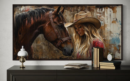 Cowgirl And Horse Graffiti Framed Canvas Wall Art For Western Room Decor