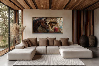 Cowgirl And Horse Graffiti Framed Canvas Wall Art For Western Room Decor