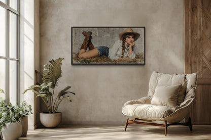 Cowgirl In Hay Framed Canvas Wall Art