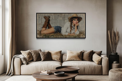 Cowgirl In Hay Framed Canvas Wall Art