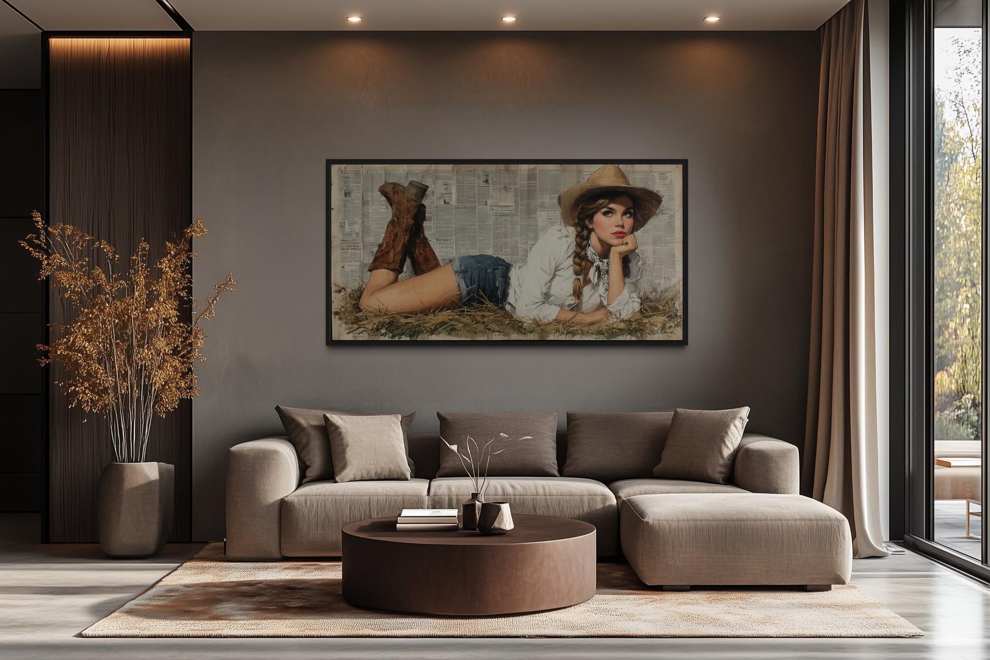 Cowgirl In Hay Framed Canvas Wall Art
