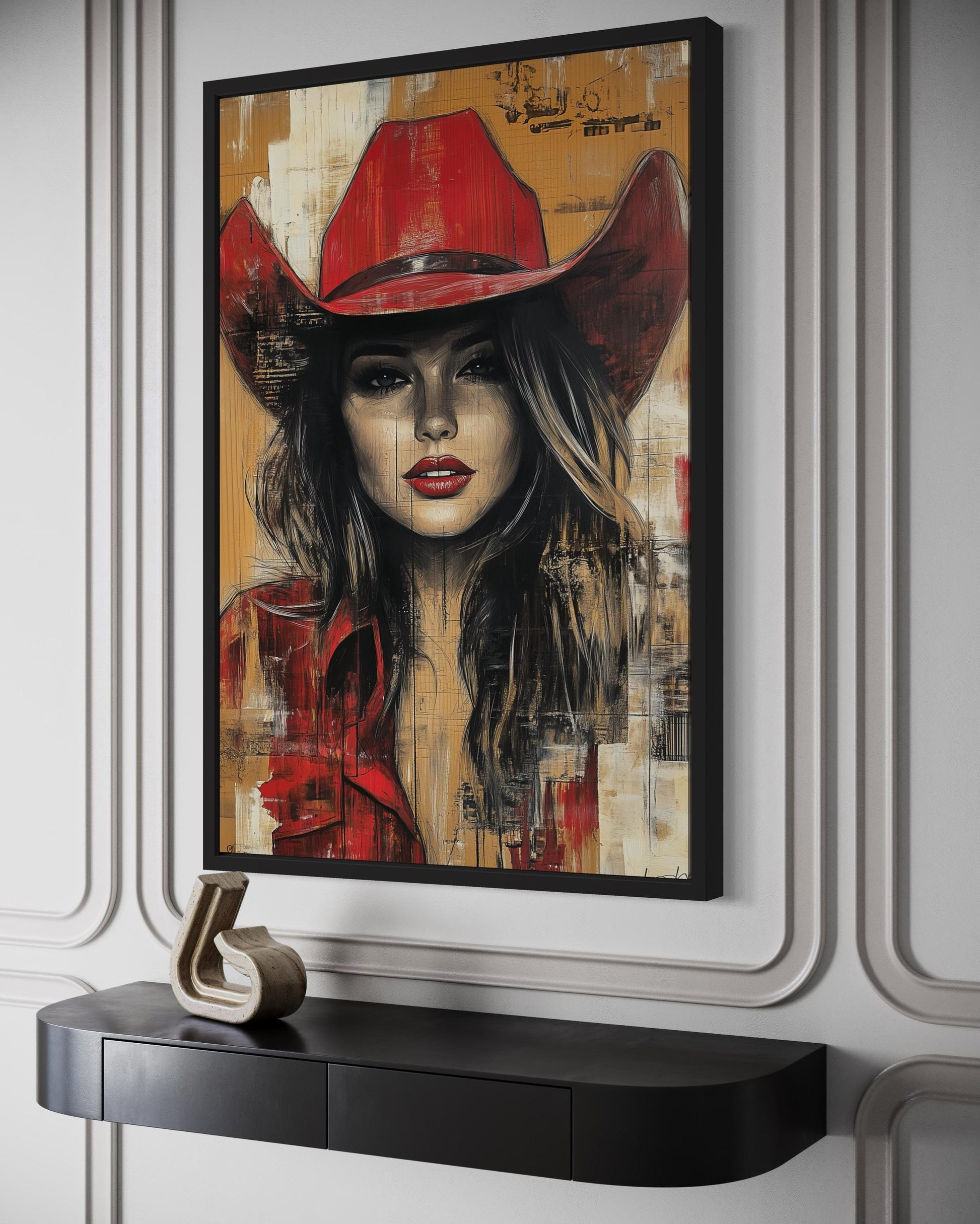 Cowgirl In Red Hat Graffiti Portrait Framed Canvas Wall Art Western Decor