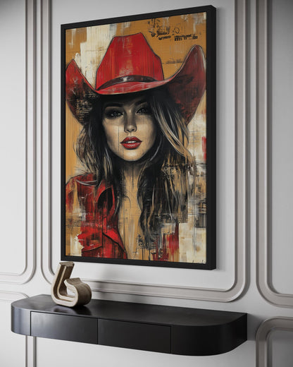 Cowgirl In Red Hat Graffiti Portrait Framed Canvas Wall Art Western Decor