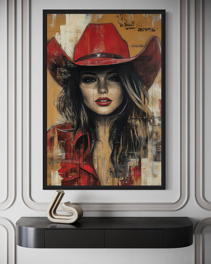 Cowgirl In Red Hat Graffiti Portrait Framed Canvas Wall Art Western Decor