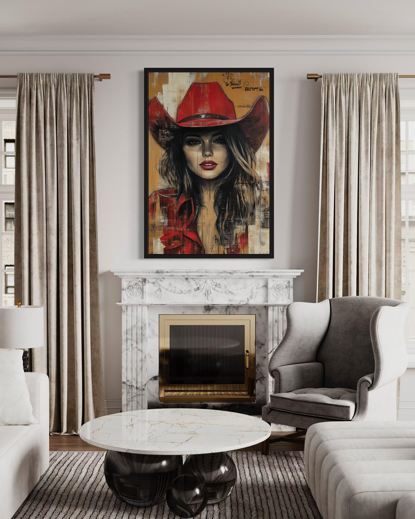 Cowgirl In Red Hat Graffiti Portrait Framed Canvas Wall Art Western Decor