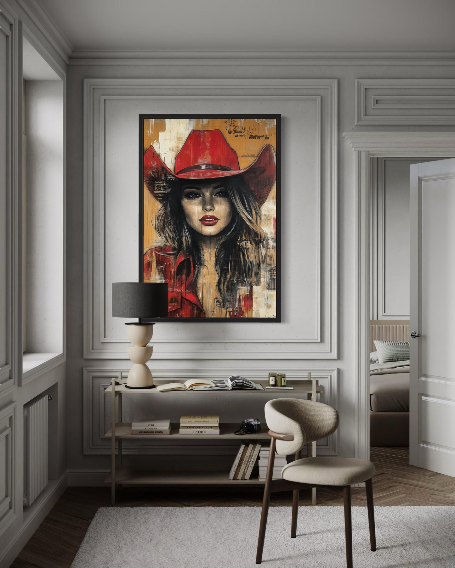 Cowgirl In Red Hat Graffiti Portrait Framed Canvas Wall Art Western Decor