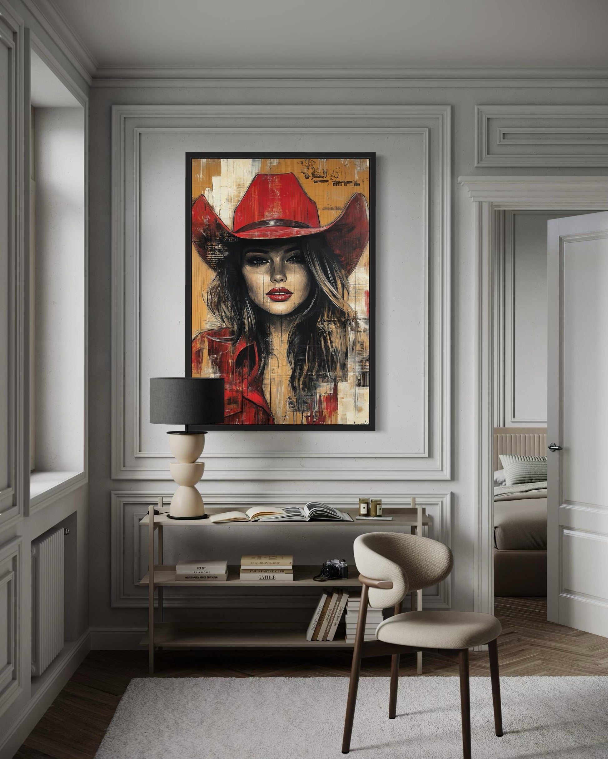 Cowgirl In Red Hat Graffiti Portrait Framed Canvas Wall Art Western Decor