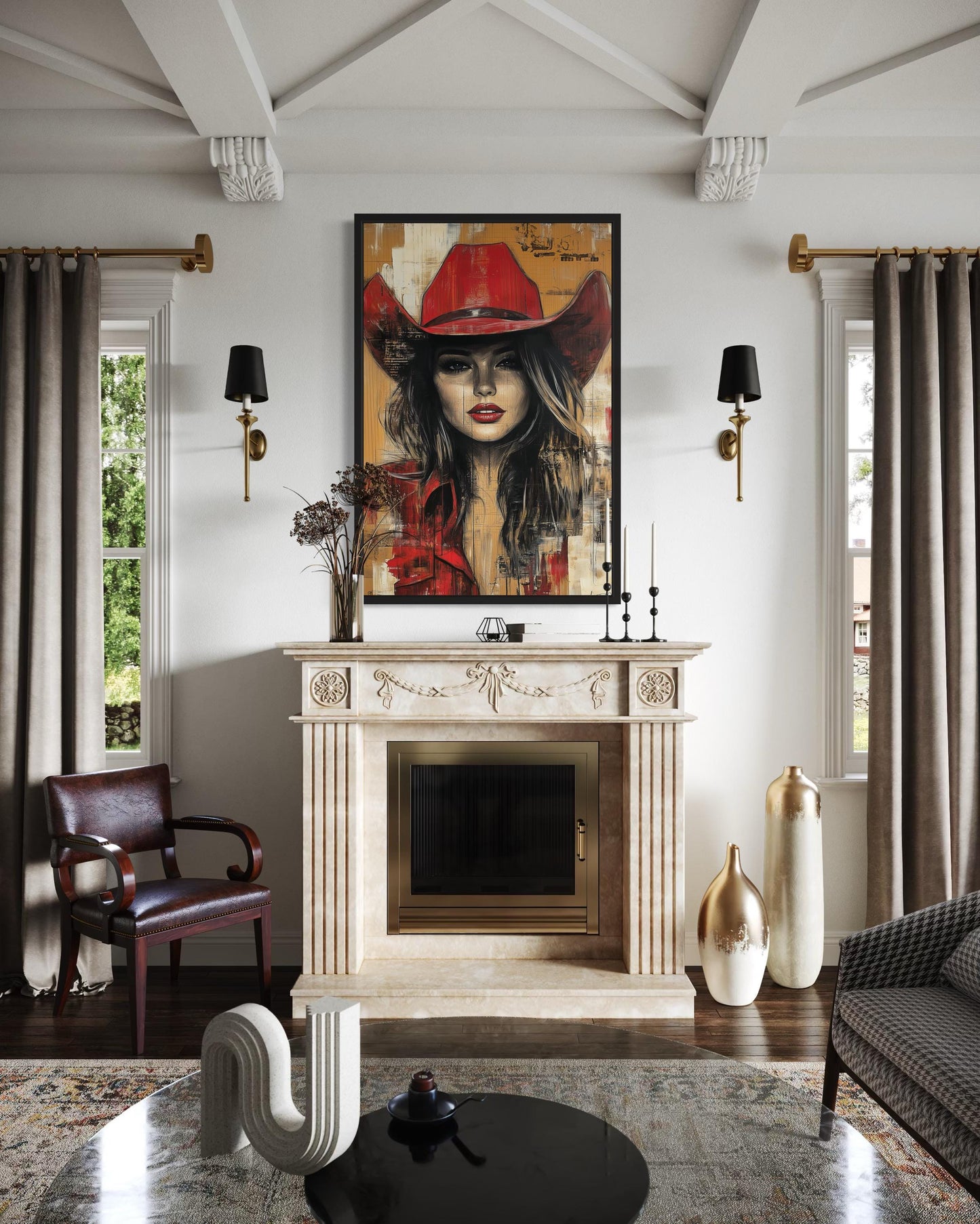 Cowgirl In Red Hat Graffiti Portrait Framed Canvas Wall Art Western Decor