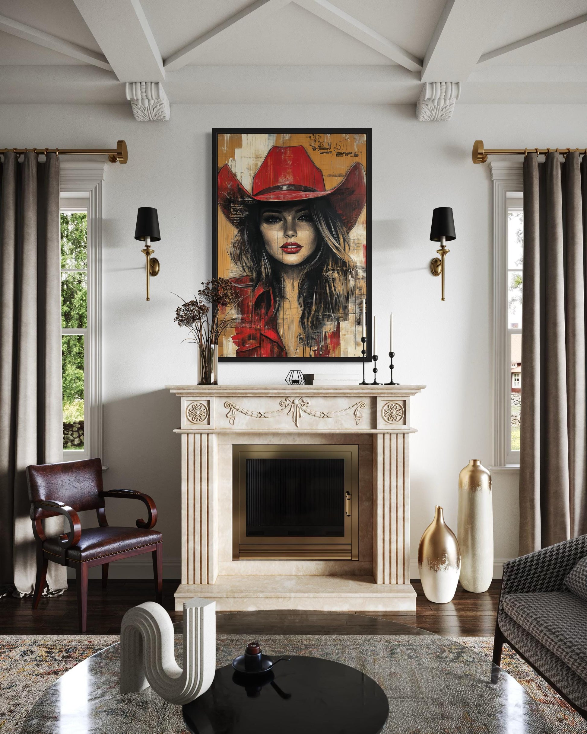 Cowgirl In Red Hat Graffiti Portrait Framed Canvas Wall Art Western Decor