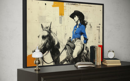 Cowgirl On Horse Graffiti Framed Canvas Wall Art