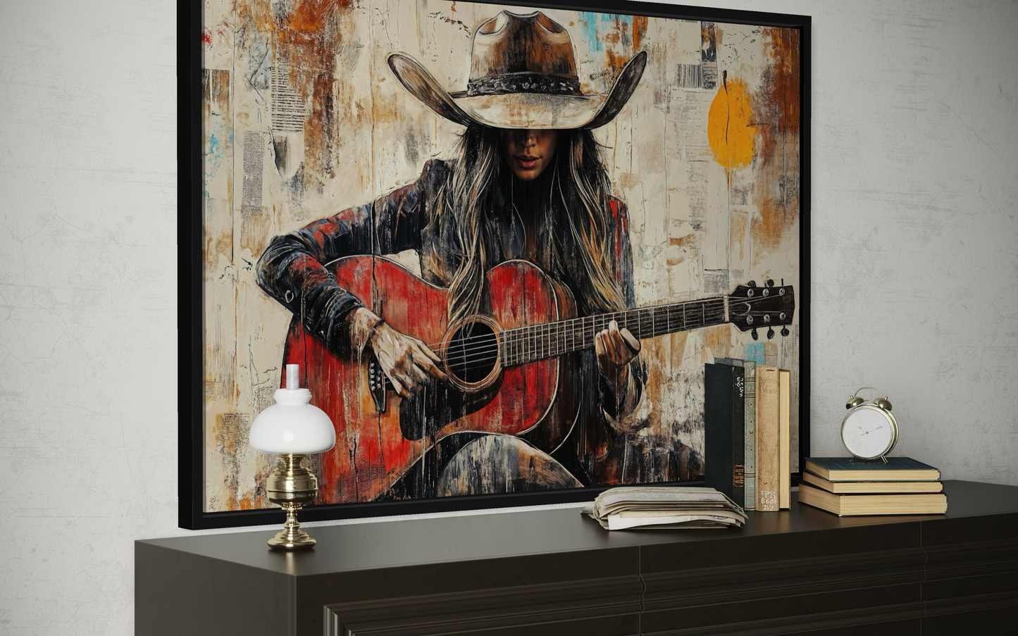 Cowgirl Playing Guitar Framed Canvas Wall Art