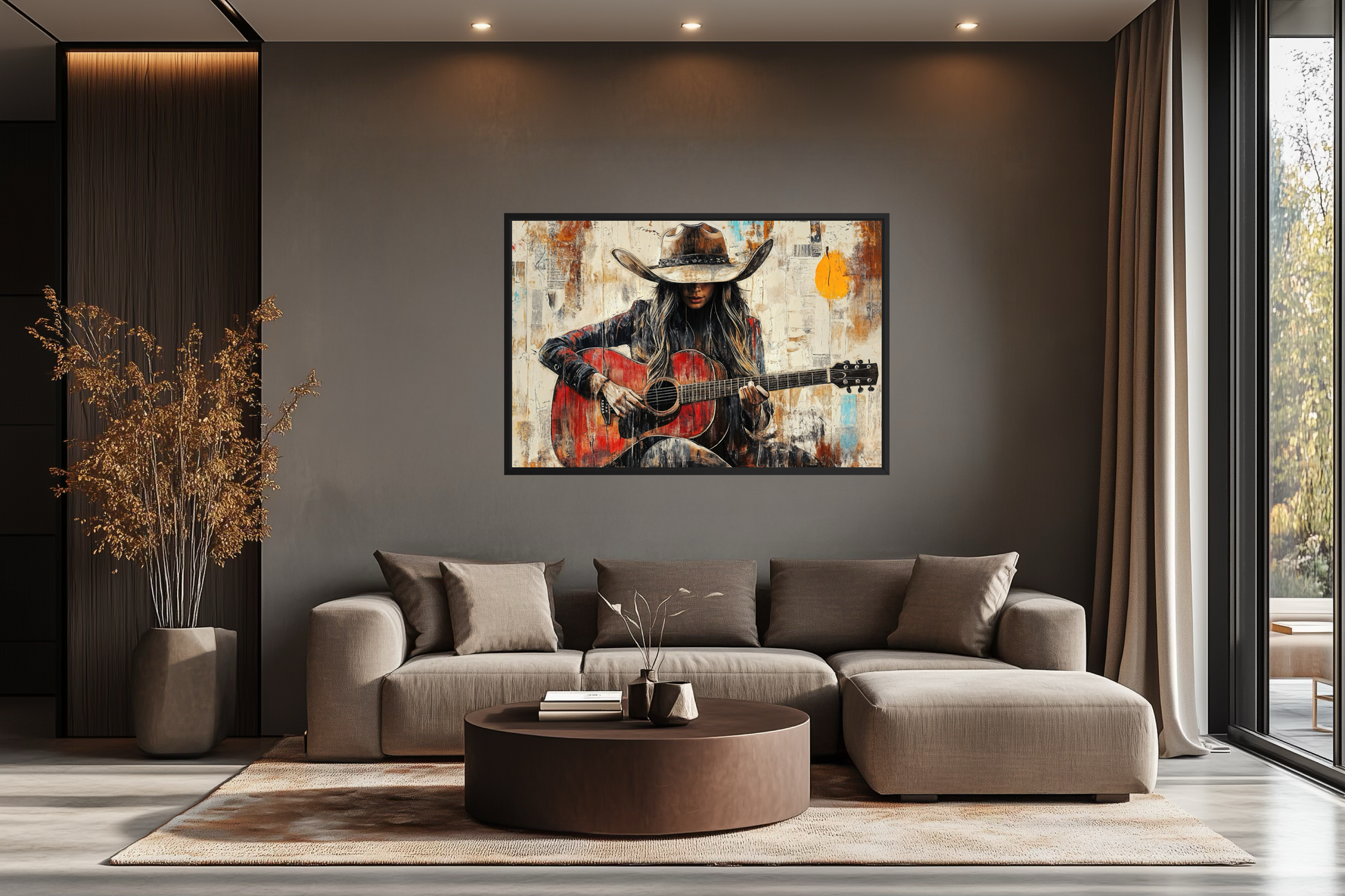 Cowgirl Playing Guitar Framed Canvas Wall Art