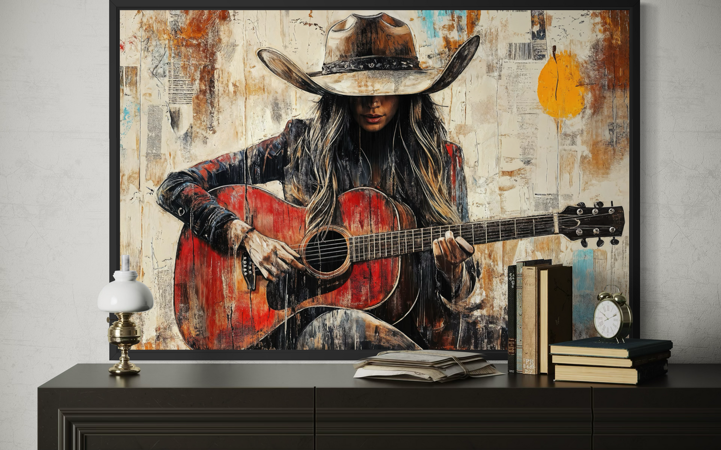 Cowgirl Playing Guitar Framed Canvas Wall Art