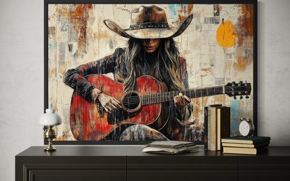 Cowgirl Playing Guitar Framed Canvas Wall Art