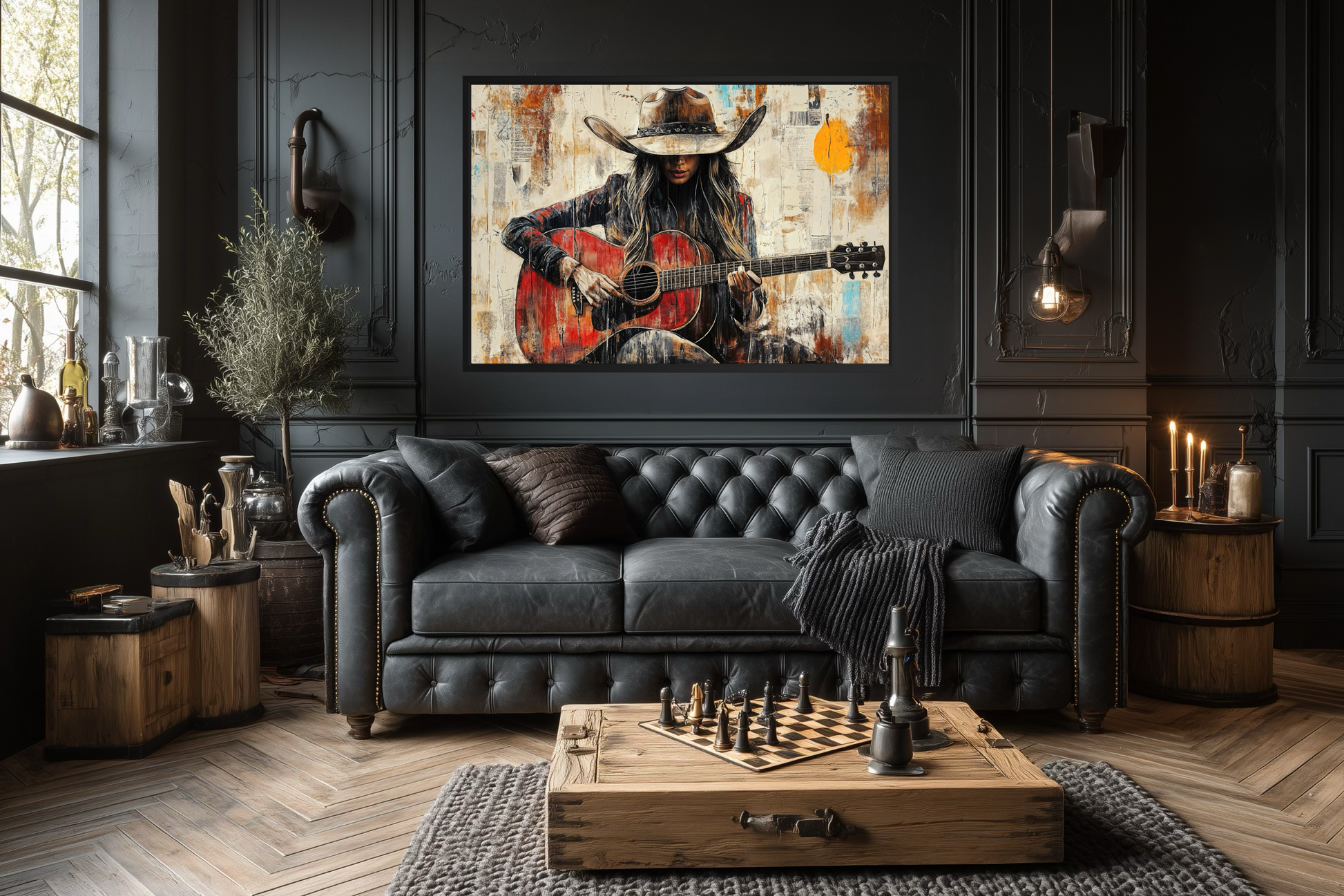 Cowgirl Playing Guitar Framed Canvas Wall Art