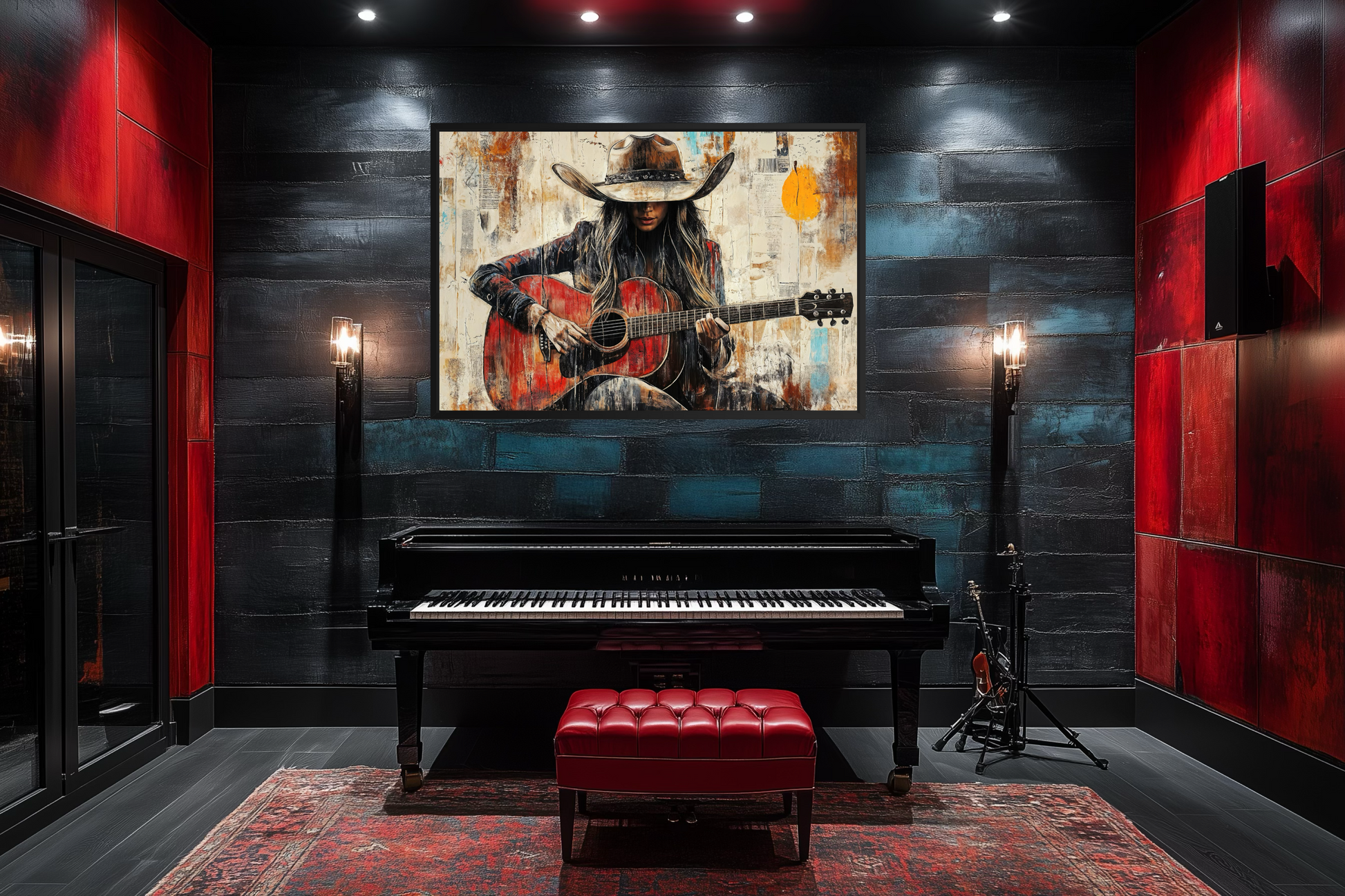 Cowgirl Playing Guitar Framed Canvas Wall Art
