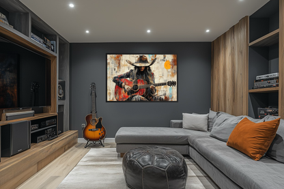 Cowgirl Playing Guitar Framed Canvas Wall Art