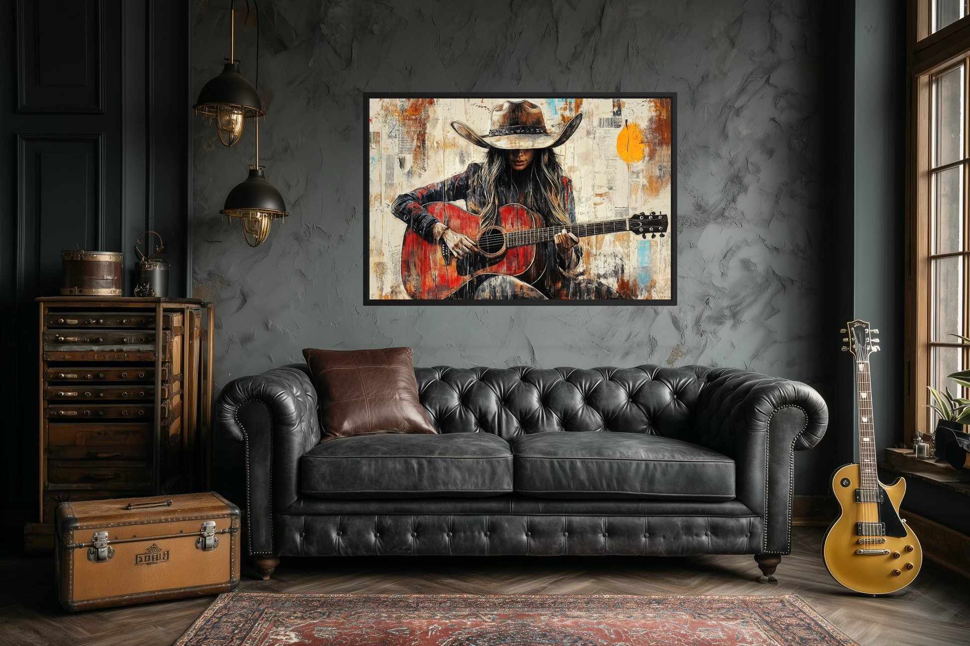 Cowgirl Playing Guitar Framed Canvas Wall Art