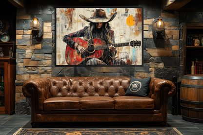 Cowgirl Playing Guitar Framed Canvas Wall Art