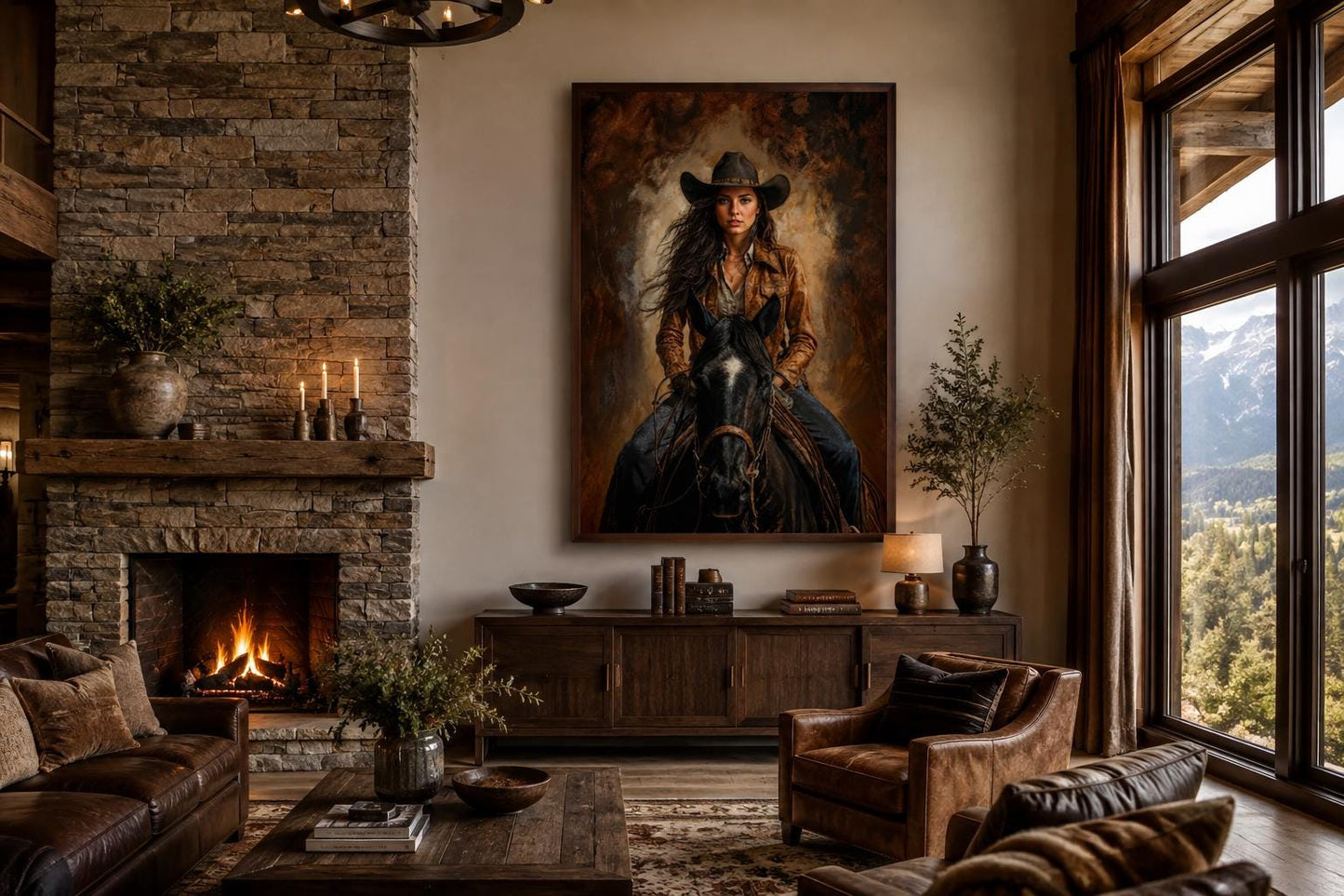 Cowgirl Portrait Riding a Black Horse in Warm Sepia Tones, Western Wall Art