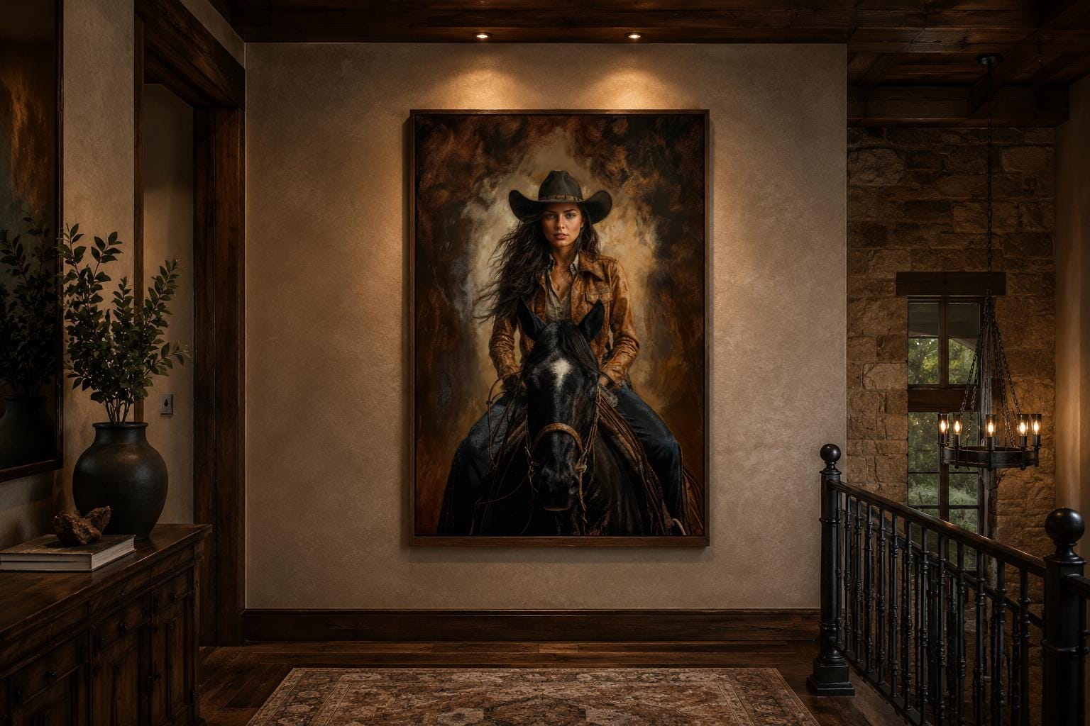Cowgirl Portrait Riding a Black Horse in Warm Sepia Tones, Western Wall Art