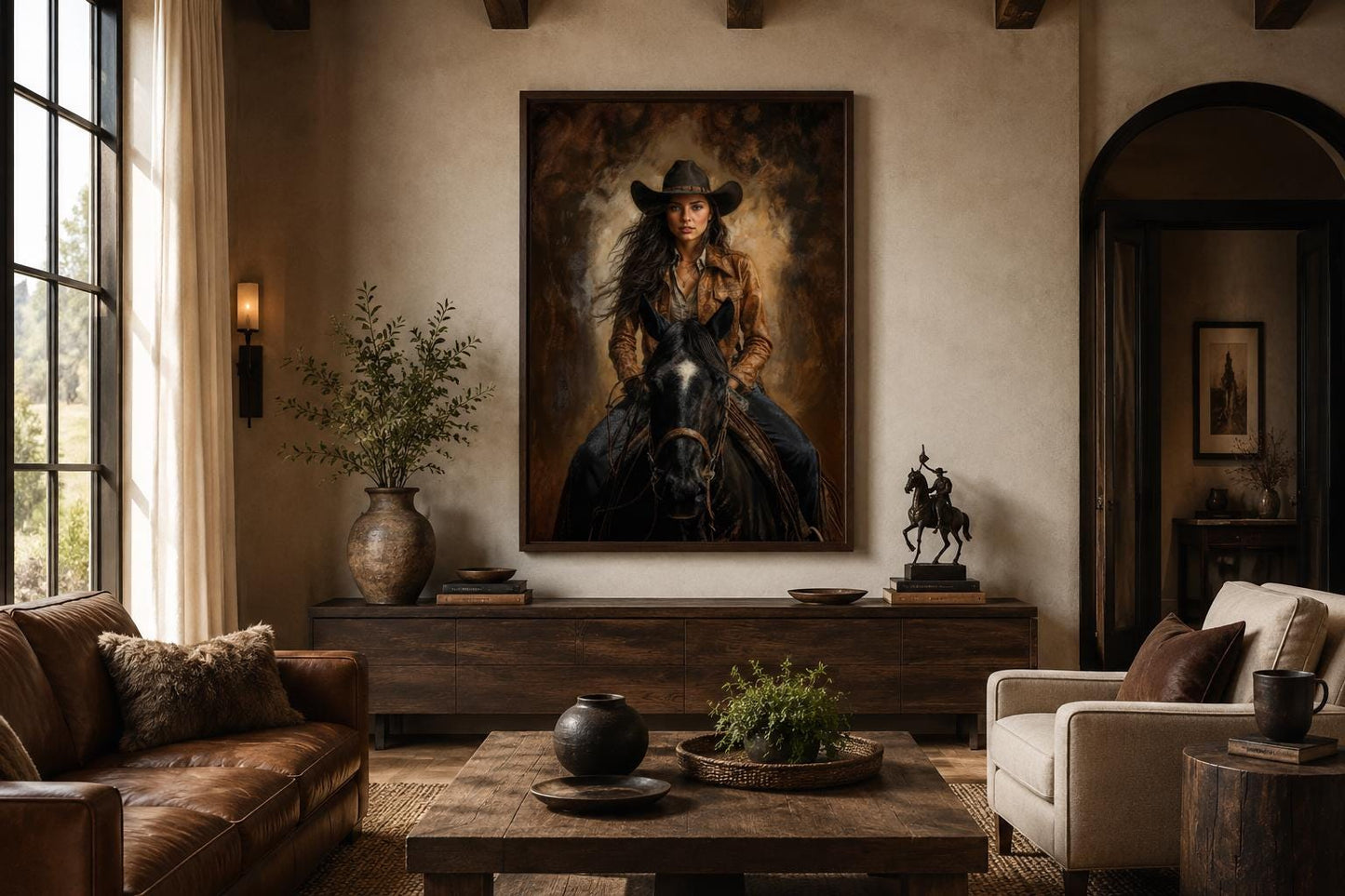 Cowgirl Portrait Riding a Black Horse in Warm Sepia Tones, Western Wall Art