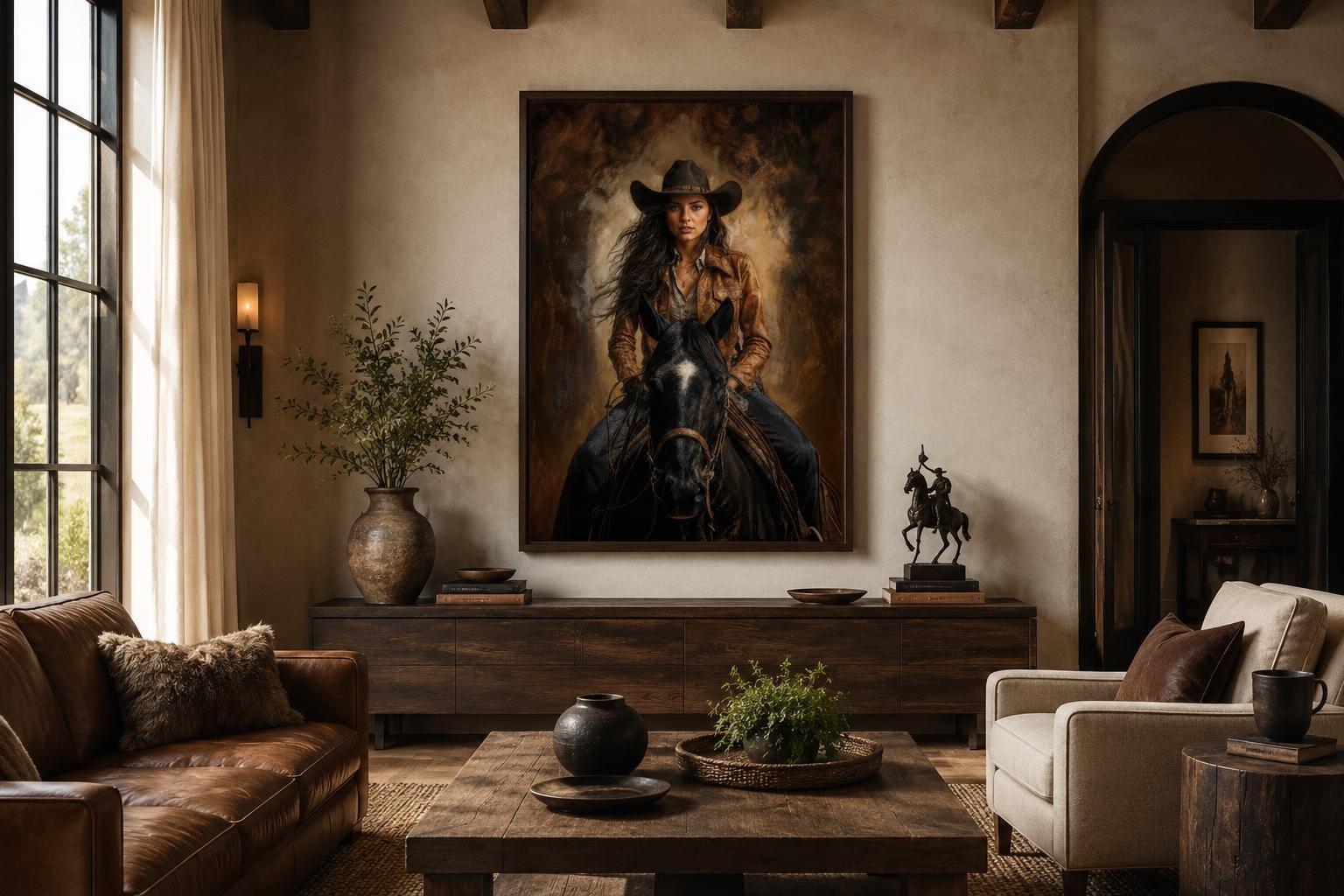 Cowgirl Portrait Riding a Black Horse in Warm Sepia Tones, Western Wall Art
