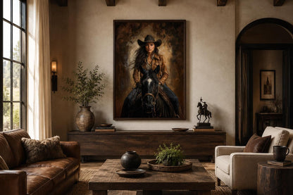Cowgirl Portrait Riding a Black Horse in Warm Sepia Tones, Western Wall Art