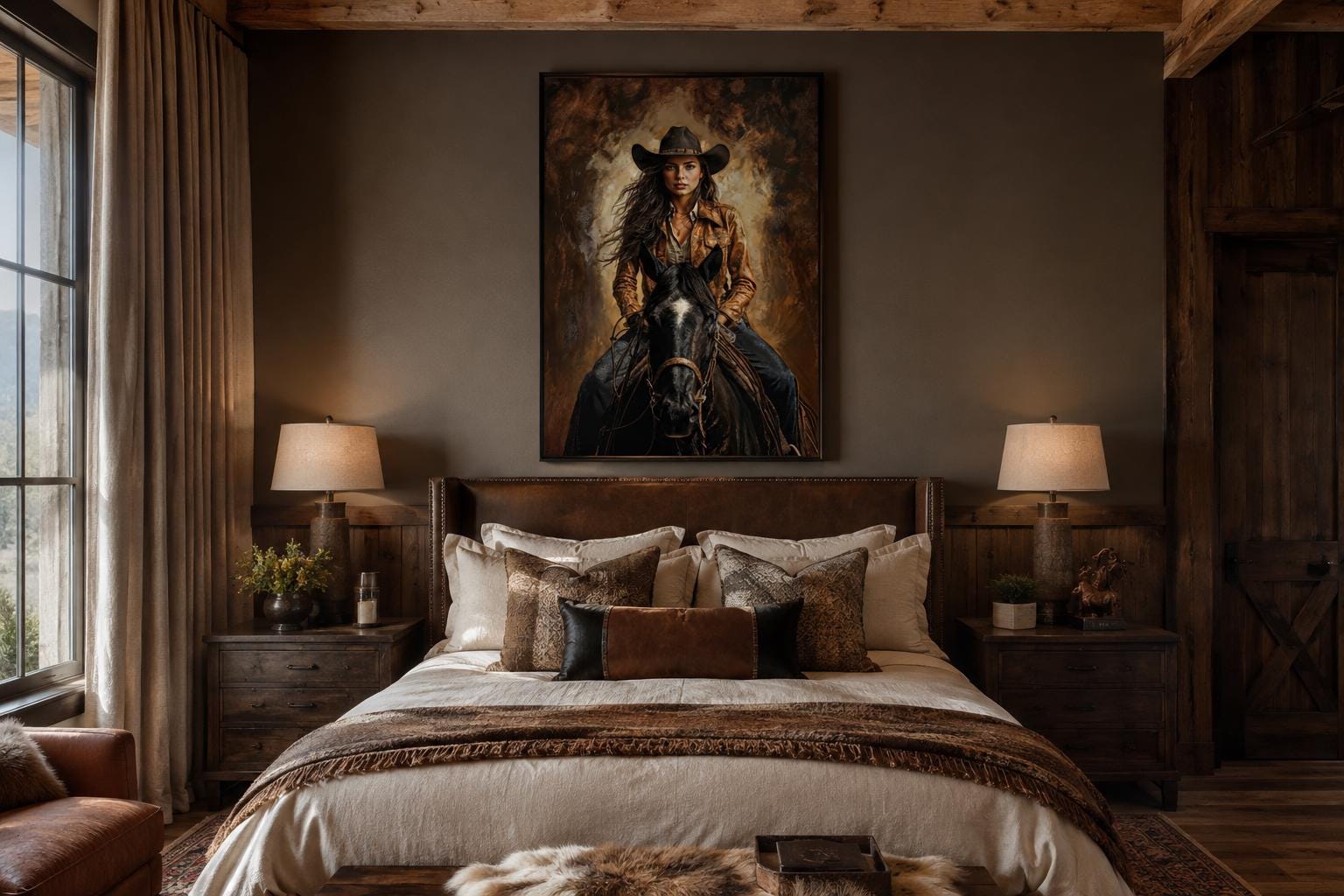 Cowgirl Portrait Riding a Black Horse in Warm Sepia Tones, Western Wall Art