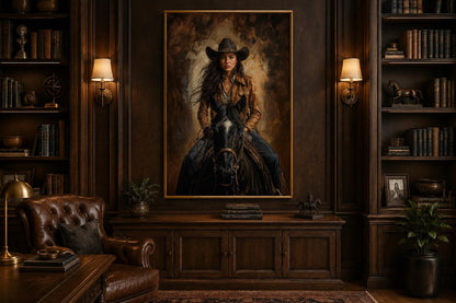 Cowgirl Portrait Riding a Black Horse in Warm Sepia Tones, Western Wall Art