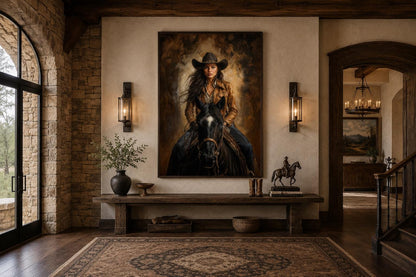Cowgirl Portrait Riding a Black Horse in Warm Sepia Tones, Western Wall Art
