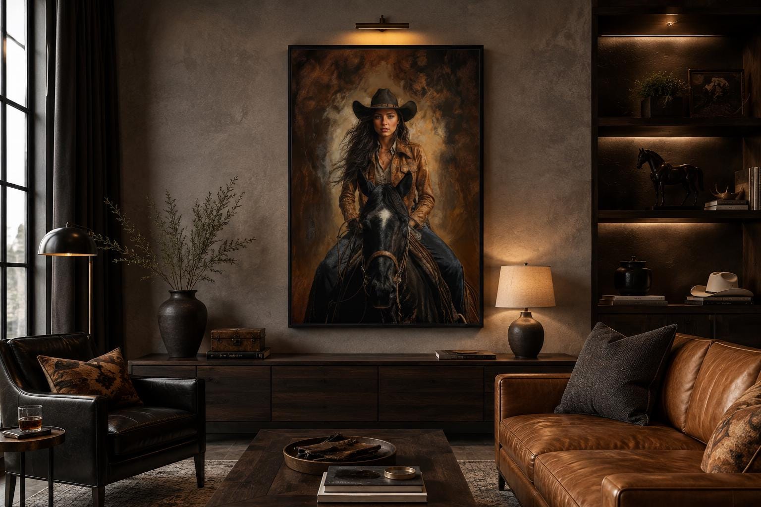 Cowgirl Portrait Riding a Black Horse in Warm Sepia Tones, Western Wall Art